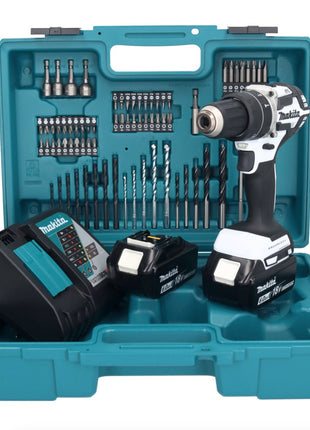 Makita DHP 484 RGX1W Akku Schlagbohrschrauber 18 V 54 Nm Brushless Weiß + 2x Akku 6,0 Ah + Ladegerät + 74 tlg. Zubehörset + Koffer