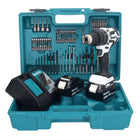 Makita DHP 484 RGX1W Taladro percutor inalámbrico 18 V 54 Nm sin escobillas blanco + 2x baterías 6,0 Ah + cargador + set de accesorios 74 piezas + estuche