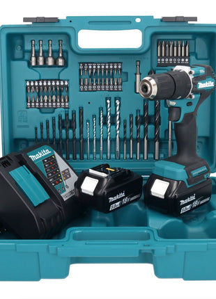 Makita DHP 487 RTX1 Akku Schlagbohrschrauber 18 V 40 Nm Brushless + 2x Akku 5,0 Ah + Ladegerät + 74 tlg. Zubehörset + Koffer