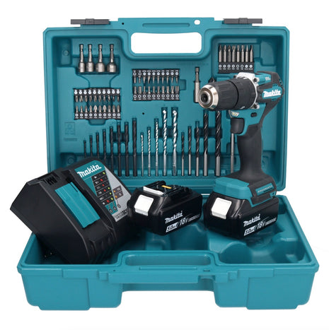 Taladro percutor inalámbrico Makita DHP 487 RTX1 18 V 40 Nm sin escobillas + 2x baterías 5,0 Ah + cargador + set de accesorios 74 piezas + estuche