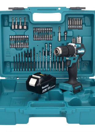 Makita DHP 487 G1X1 Akku Schlagbohrschrauber 18 V 40 Nm Brushless + 1x Akku 6,0 Ah + 74 tlg. Zubehörset + Koffer - ohne Ladegerät