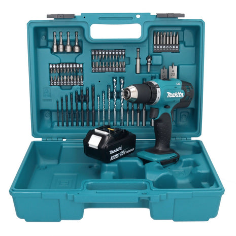 Makita DDF 453 T1X1 taladro atornillador inalámbrico 18 V 42 Nm + 1x batería 5,0 Ah + set de accesorios 74 piezas + maletín - sin cargador