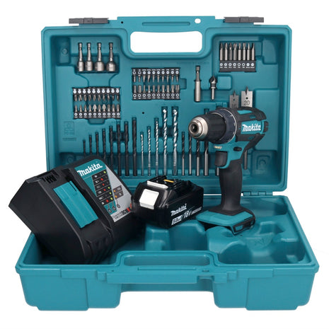 Makita DDF 482 RT1X1 Perceuse-visseuse sans fil 18 V 62 Nm + 1x Batterie 5,0 Ah + Chargeur + kit d'accessoires - 74 pièces + Mallette