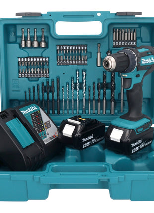 Makita DDF 482 RTX1 Akku Bohrschrauber 18 V 62 Nm + 2x Akku 5,0 Ah + Ladegerät + 74 tlg. Zubehörset + Koffer