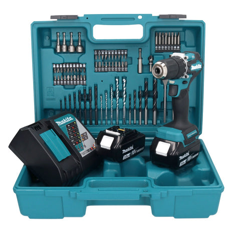 Makita DDF 487 RFX1 taladro atornillador inalámbrico 18 V 40 Nm sin escobillas + 2 baterías 3,0 Ah + cargador + set de accesorios 74 piezas + maletín