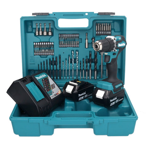 Makita DDF 487 RTX1 taladro atornillador inalámbrico 18 V 40 Nm sin escobillas + 2 baterías 5,0 Ah + cargador + set de accesorios 74 piezas + maletín