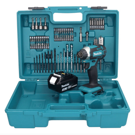 Llave de impacto a batería Makita DTD 152 F1X1 18 V 165 Nm 1/4" + 1x batería 3,0 Ah + set de accesorios 74 piezas + maletín - sin cargador