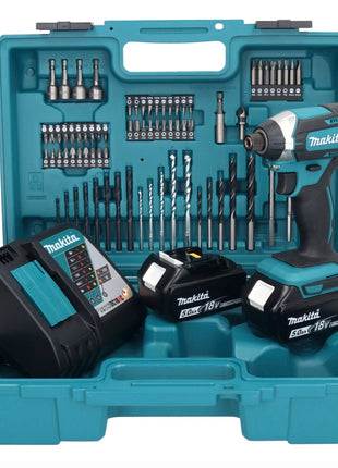 Makita DTD152F1X1 Visseuse à percussion sans fil 165Nm 18V 1/4" + 2x Batteries 5,0Ah + Chargeur + Coffret + Set d'accessoires, 74 pcs.