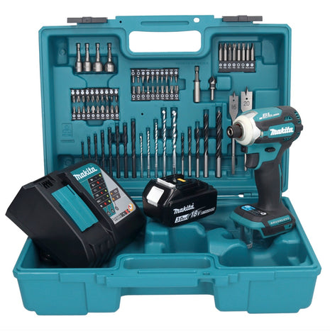 Makita DTD 171 RF1X1 llave de impacto a batería 18 V 180 Nm 1/4" sin escobillas + 1x batería 3,0 Ah + cargador + set de accesorios 74 piezas + estuche