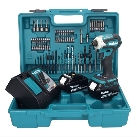 Makita DTD 171 RFX1 llave de impacto a batería 18 V 180 Nm 1/4" sin escobillas + 2x baterías 3,0 Ah + cargador + set de accesorios 74 piezas + estuche