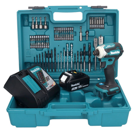 Makita DTD 171 RT1X1 llave de impacto a batería 18 V 180 Nm 1/4" sin escobillas + 1x batería 5,0 Ah + cargador + set de accesorios 74 piezas + estuche