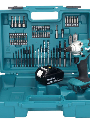 Makita DTD156T1X1 Visseuse à percussion sans fil 155Nm 18V 1/4" + 1x Batterie 5,0Ah + Chargeur + Coffret + Set d'accessoires, 74 pcs.