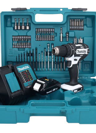 Taladro percutor inalámbrico Makita DHP 482 SY1X1W 18 V 62 Nm + 1x batería 1,5 Ah + cargador + set de accesorios 74 piezas + estuche