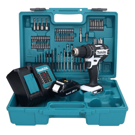 Taladro percutor inalámbrico Makita DHP 482 SY1X1W 18 V 62 Nm + 1x batería 1,5 Ah + cargador + set de accesorios 74 piezas + estuche