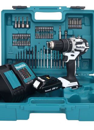 Makita DHP 484 SY1X1W taladro percutor inalámbrico 18 V 54 Nm sin escobillas blanco + 1x batería 1,5 Ah + cargador + set de accesorios 74 piezas + estuche