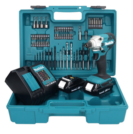 Makita DTD 156 SYX1 Akku Schlagschrauber 18 V 155 Nm 1/4" + 2x Akku 1,5 Ah + Ladegerät + 74 tlg. Zubehörset + Koffer