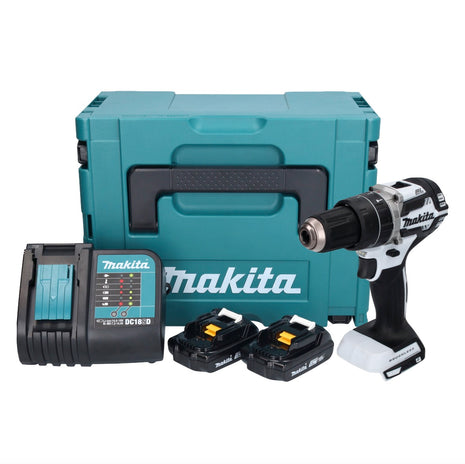 Makita DHP 484 SYJ W Taladro percutor inalámbrico 18 V 54 Nm sin escobillas blanco + 2x baterías 1,5 Ah + cargador + Makpac