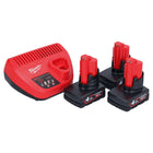 Milwaukee M12 NRG-403 Akku Starter Set 3x 12 V 4,0 Ah / 4000 mAh Li-Ion Akku + C12 C Ladegerät - Toolbrothers