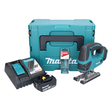 Seghetto alternativo a batteria Makita DJV 180 RT1J 18 V + 1x batteria ricaricabile 5,0 Ah + caricabatterie + set di lame per seghetto alternativo da 5 pezzi + Makpac