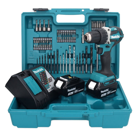 Makita DDF 484 RFX1 taladro atornillador inalámbrico 18 V 54 Nm + 2x baterías 3,0 Ah + cargador + set de accesorios 74 piezas + maletín