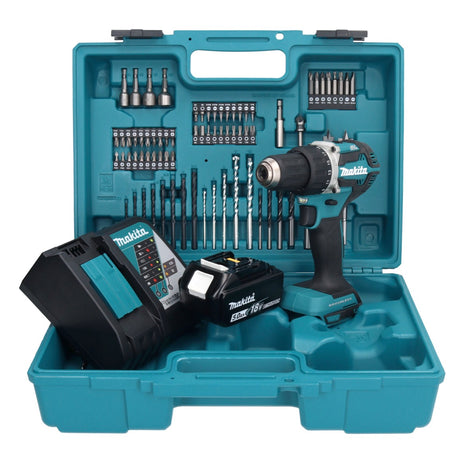 Makita DDF 484 RT1X1 taladro atornillador inalámbrico 18 V 54 Nm + 1x batería 5,0 Ah + cargador + set de accesorios 74 piezas + estuche