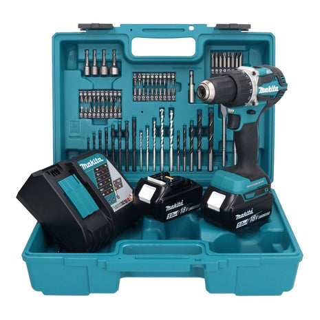 Makita DDF 484 RTX1 taladro atornillador inalámbrico 18 V 54 Nm + 2x baterías 5,0 Ah + cargador + set de accesorios 74 piezas + maletín