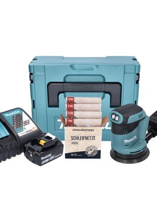 Makita DBO 180 RT1J Akku Exzenterschleifer 18 V 125 mm + 1x Akku 5,0 Ah + Ladegerät + Toolbrothers SPIDER Schleifset Netzschleifmittel + Makpac - Toolbrothers