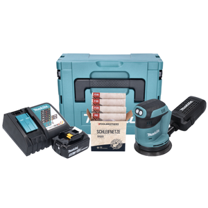 Makita DBO 180 RT1J Akku Exzenterschleifer 18 V 125 mm + 1x Akku 5,0 Ah + Ladegerät + Toolbrothers SPIDER Schleifset Netzschleifmittel + Makpac