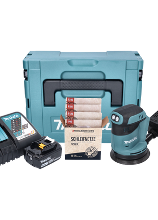 Makita DBO 180 RF1J Akku Exzenterschleifer 18 V 125 mm + 1x Akku 3,0 Ah + Ladegerät + Toolbrothers SPIDER Schleifset Netzschleifmittel + Makpac - Toolbrothers