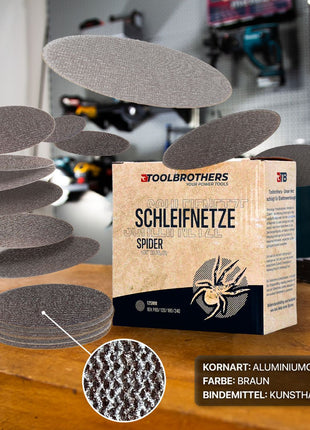 Toolbrothers SPIDER Schleifset Netzschleifmittel 2 Packungen 80x Schleifnetze 125mm Klett je 20x P80 / P120 / P180 / 240 für Hartholz, Weichholz, Lack, Stein, Stahl, Aluminium, Furnier - Toolbrothers