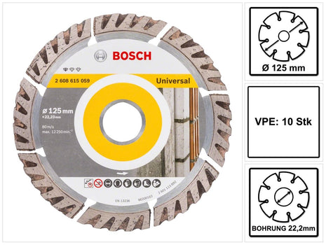 Bosch Standard for Universal Disques à tronçonner diamantés 125 x 22,23 mm 10 pces ( 2608615060 ) pour béton, acier-béton, brique, calcaire et sable-pierre