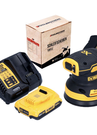 DeWalt DCW 210 D1 Akku Exzenterschleifer 18 V 125 mm Brushless + 1x Akku 2,0 Ah + Ladegerät + 1x Toolbrothers TURTLE Schleifscheiben Set - Toolbrothers