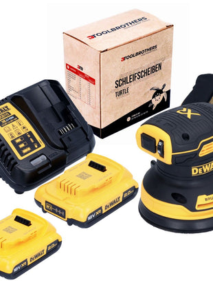 DeWalt DCW 210 D1 Akku Exzenterschleifer 18 V 125 mm Brushless + 2x Akku 2,0 Ah + Ladegerät + 1x Toolbrothers TURTLE Schleifscheiben Set - Toolbrothers