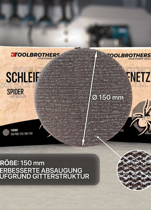 Toolbrothers SPIDER Schleifset Netz 150 mm 4 Packungen 160x Schleifnetze Klett je 40x P80 / P120 / P180 / 240 für Hartholz, Weichholz, Lack, Stein, Stahl, Aluminium, Furnier - Toolbrothers