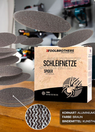 Toolbrothers SPIDER Schleifset Netz 150 mm 4 Packungen 160x Schleifnetze Klett je 40x P80 / P120 / P180 / 240 für Hartholz, Weichholz, Lack, Stein, Stahl, Aluminium, Furnier - Toolbrothers