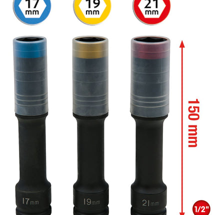 KS TOOLS SlimPOWER Alu-Felgen Kraft-Stecknuss-Satz, extra lang, 3-tlg, 1/2", 17, 19, 21mm ( 515.0622 ) - Toolbrothers