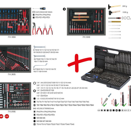 KS TOOLS Universal-Systemeinlagen-Satz für 4 Schubladen mit 515 Premium-Werkzeugen ( 713.0515 )