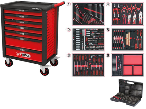 KS TOOLS RACINGline SCHWARZ/ROT Werkstattwagen mit 7 Schubladen und 598 Premium-Werkzeugen ( 826.7598 ) - Toolbrothers