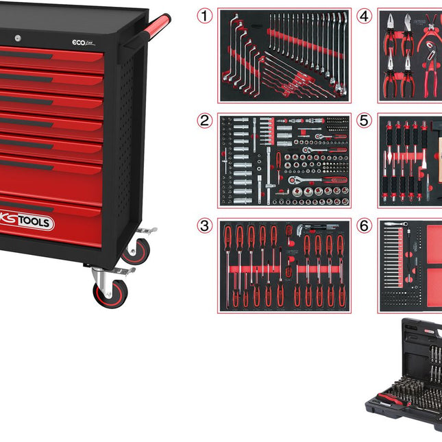 KS TOOLS ECOline SCHWARZ/ROT Werkstattwagen mit 7 Schubladen und 598 Premium-Werkzeugen ( 897.7598 )