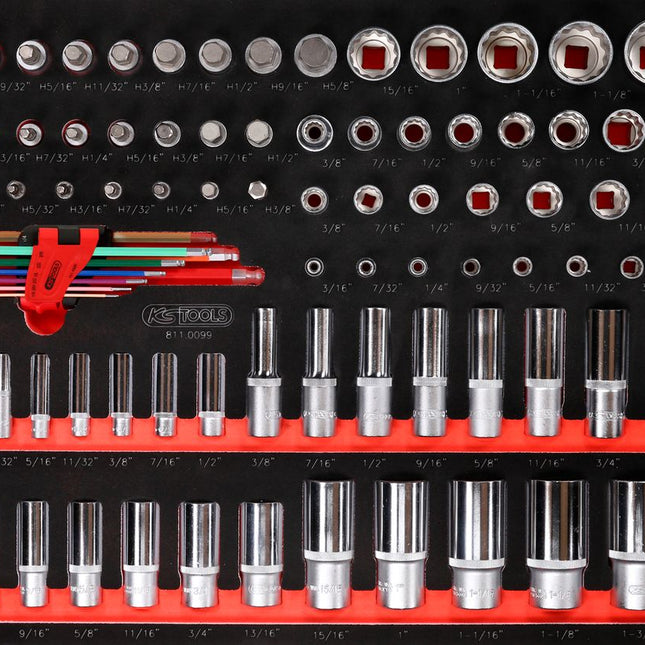 KS TOOLS 1/4'' + 3/8'' + 1/2'' Steckschlüssel-Satz in Schaumstoffeinlage, 99-tlg, Zoll ( 811.0099 ) - Toolbrothers