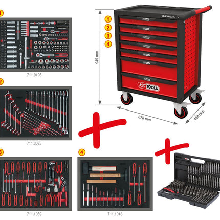 KS TOOLS RACINGline SCHWARZ/ROT Werkstattwagen mit 7 Schubladen und 515 Premium-Werkzeugen ( 826.7515 )