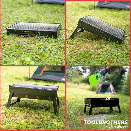 Toolbrothers Outdoor tragbarer Holzkohle Grill für Camping werkzeuglose Montage 43 x 29 x 23 cm Schwarz Chrom beschichtet Smoker BBQ Pit Grill