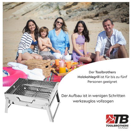Toolbrothers Outdoor tragbarer Holzkohle Edelstahl Grill für Camping werkzeuglose Montage 43 x 29 x 23 cm Silber Smoker BBQ Pit Grill