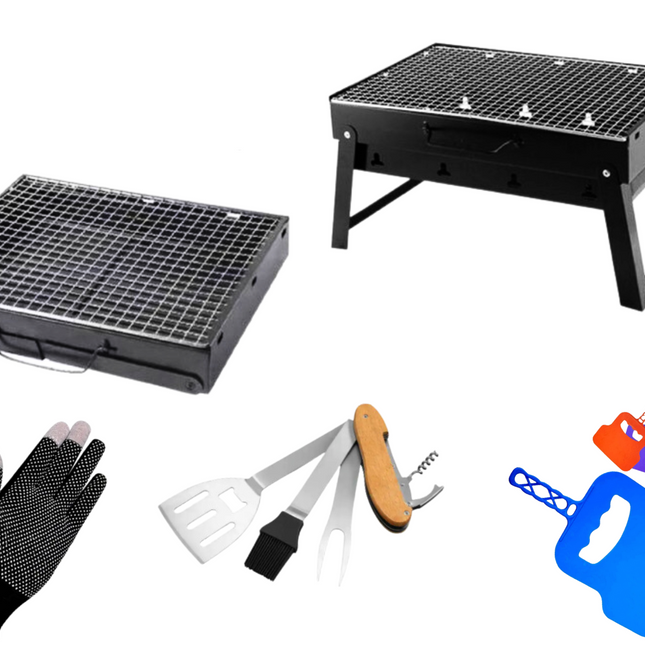Toolbrothers Outdoor  tragbarer Holzkohle Grill Set für Camping werkzeuglose Montage 43 x 29 x 23 cm schwarz + Grillbesteck, Grillhandschuhe & Grillfächer  8 tlg