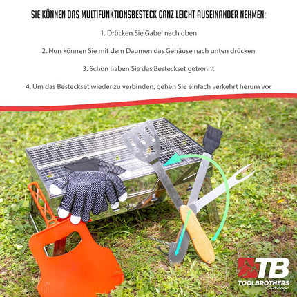 Toolbrothers Outdoor  tragbarer Holzkohle Grill Set für Camping werkzeuglose Montage 43 x 29 x 23 cm schwarz + Grillbesteck, Grillhandschuhe & Grillfächer  8 tlg