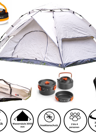 Toolbrothers Outdoor Camping-Set Zelt für 2-4 Personen Hydraulikzelt mit Isoliermatte & Campingausrüstung 14 tlg