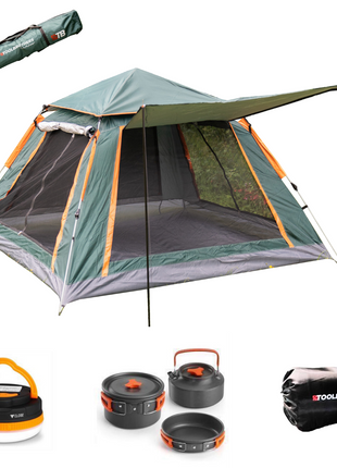 Toolbrothers Outdoort Camping-Set Zelt für 2-4 Personen Hydraulikzelt  Pop-Up zelt + Campingausrüstung 12 tlg