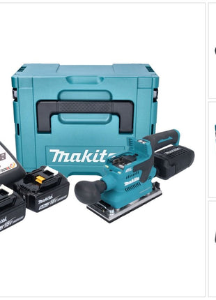 Makita DBO 382 RTJ Akku Schwingschleifer 18 V 93 x 185 mm Brushless + 2x Akku 5,0 Ah + Ladegerät + Makpac