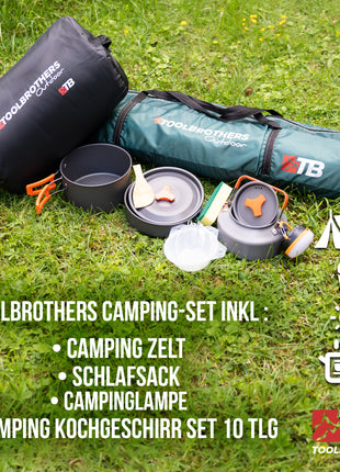 Toolbrothers Outdoor Camping-Set Zelt für 2-4 Personen Hydraulikzelt  Pop-Up zelt + Campingausrüstung 13-tlg