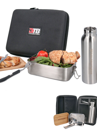 Toolbrothers Fan Lunchpaket in Hardcase Tragetasche Lunchtasche Wasserdicht  mit Edelstahl Brotdose & Bambus Deckel 1200 ml + Edelstahl Trinkflasche 600 ml + 4 in 1 Multifunktions Besteck